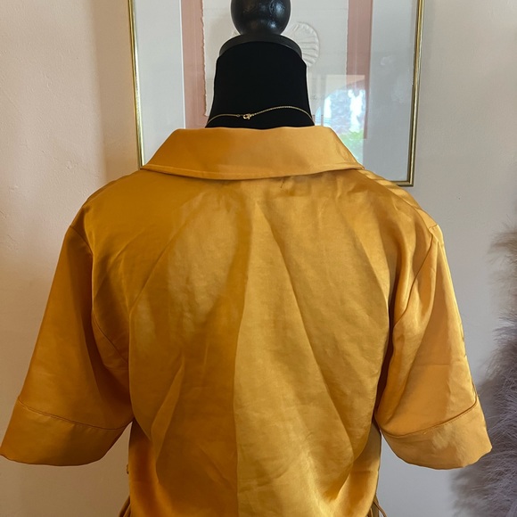 House of Harlow x Revolve matching gold satin set wide leg pants button up top. - Picture 5 of 8